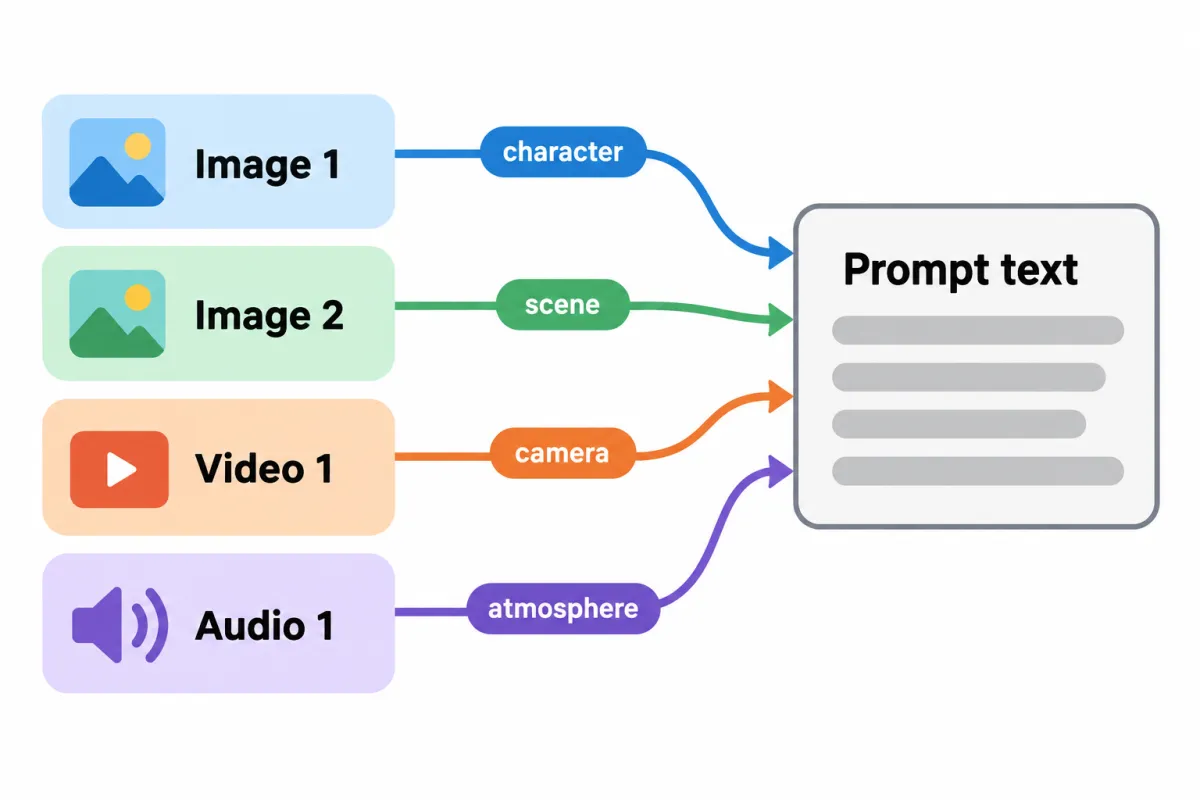 Diagram of four omni reference inputs (Image 1, Image 2, Video 1, Audio 1) each pointing into the prompt text with a role tag: character, scene, camera, atmosphere